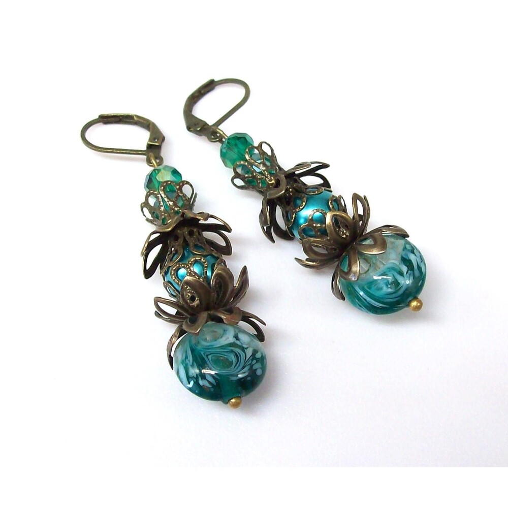 Lampwork Dangle Earrings, Vintage Style, Bronze, Art Nouveau,